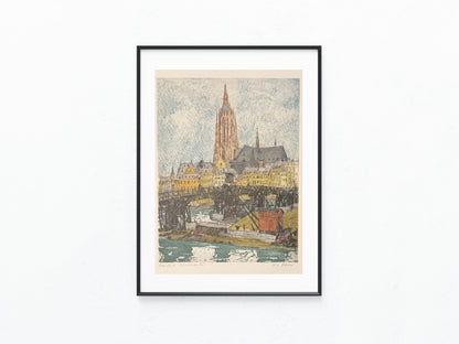 Original Frankfurt am Main Dom Radierung N. L. Figura 1900 | kolorierte Stadtansicht | Mainufer