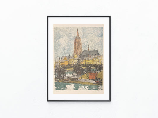 Original Frankfurt am Main Dom Radierung N. L. Figura 1900 | kolorierte Stadtansicht | Mainufer