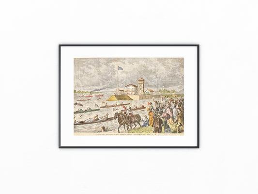 1870 Badeverein Donauhort Clubhaus Wien Ruderregatta Lithografie mit Passepartout