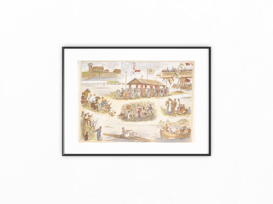Original Wien Ruderregatta Lithografie 1870 mit Passepartout | Sportdarstellung
