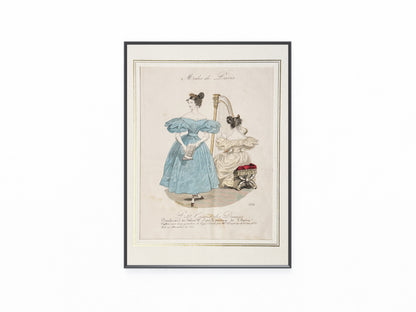 Original Modes de Paris Lithografie 1832 | Damenmode mit Harfe