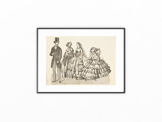 1855 Antike Modegrafik schwarz-weiß Vintage