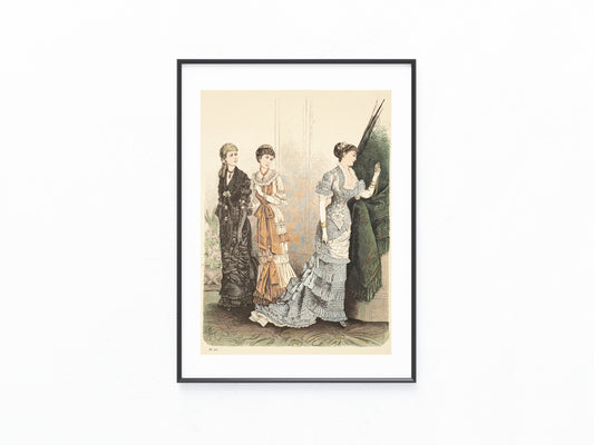 Mode Lithografie 1880 Damenmodeblatt mit Ballroben