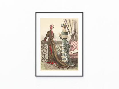Original Mode Kleider Lithografie 1880 Balkon Szene