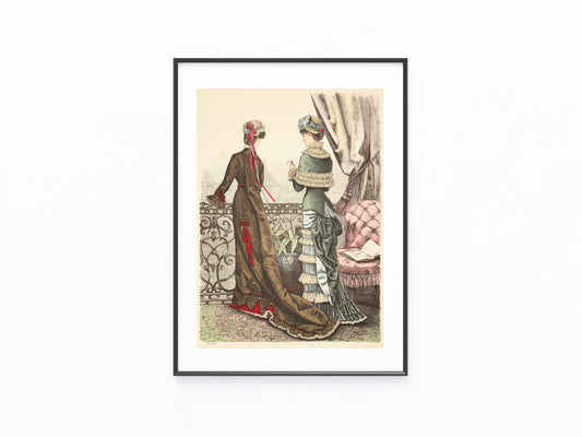 Original Mode Kleider Lithografie 1880 Balkon Szene