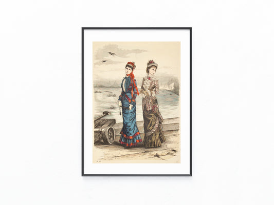 1880 Spaziermode am Wasser Original Lithografie Damenmode