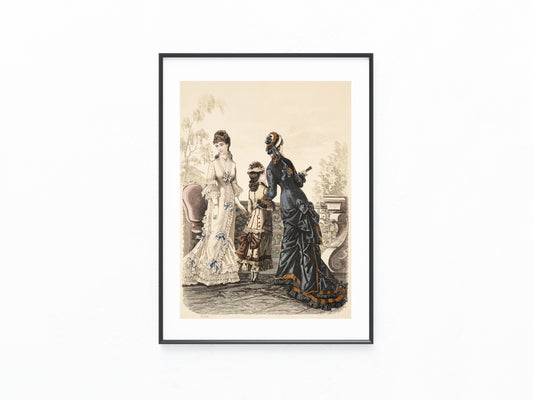 1877 Original Modegrafik | Antike Lithografie mit Damenmode & Kind