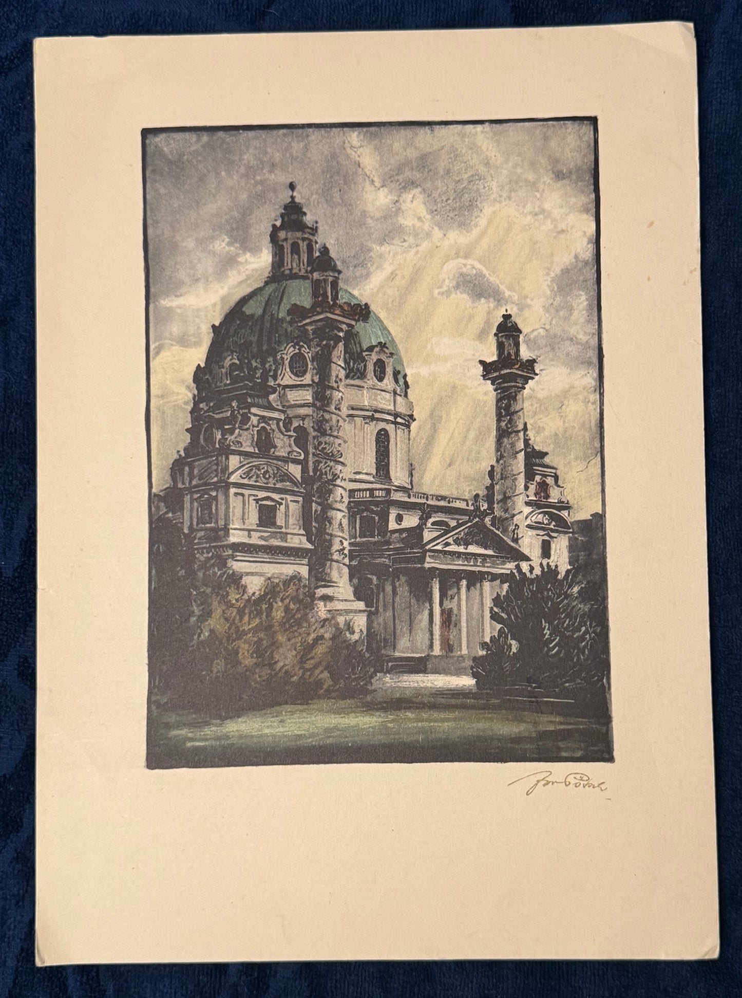 1940 Original Farblithografie Karlskirche in Wien | Handsigniert Architektur Otto Wagner