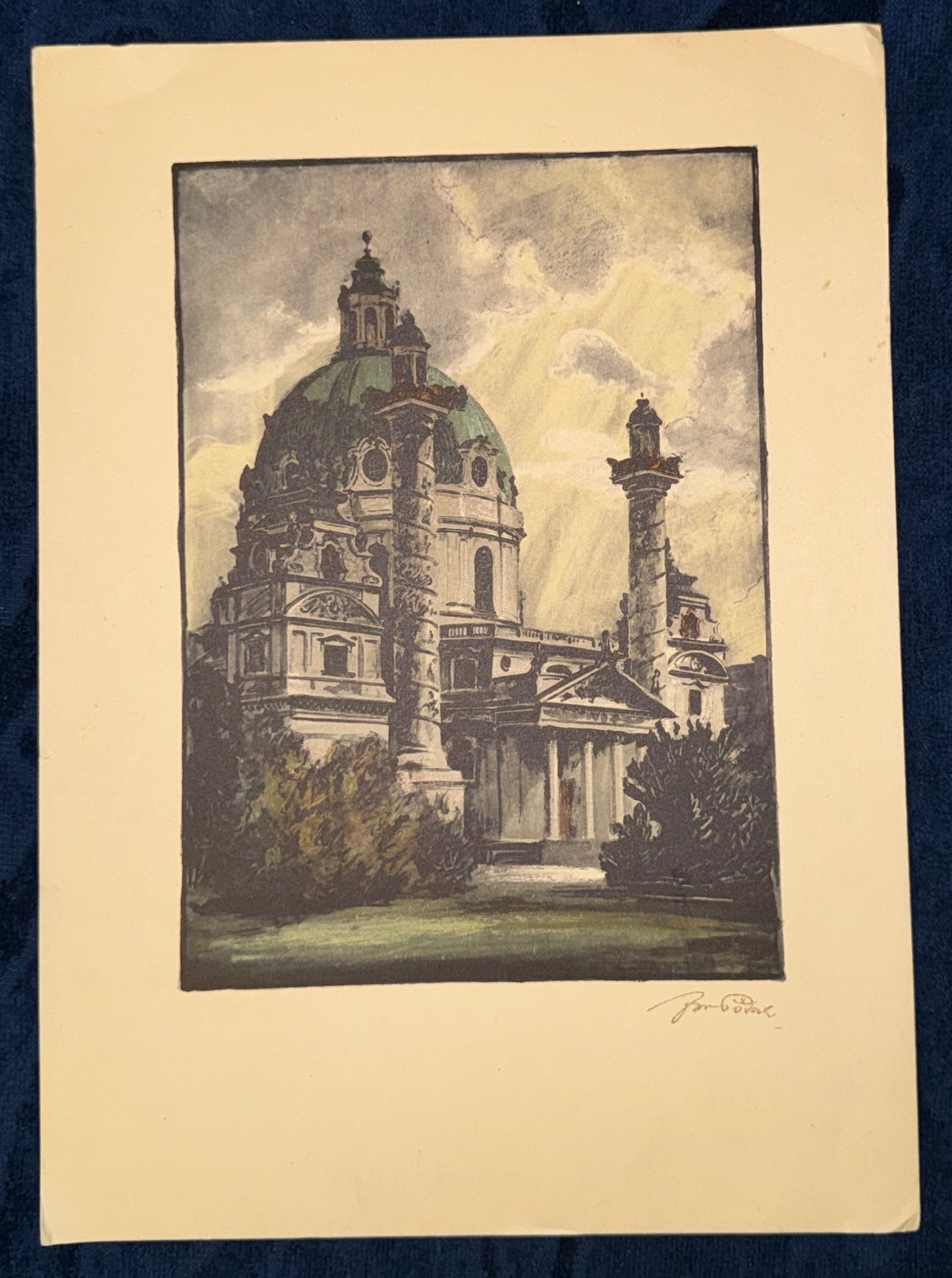1940 Original Farblithografie Karlskirche in Wien | Handsigniert Architektur Otto Wagner