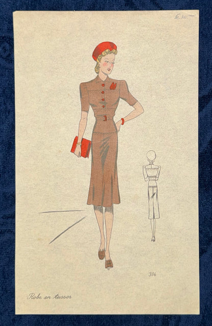Original Modezeichnung Paris um 1940 „Robe en tussor“