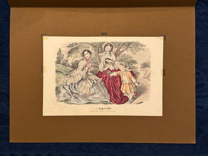 Original Mode Lithografie 1852 Damen & Kind | Familienszene mit Passepartout
