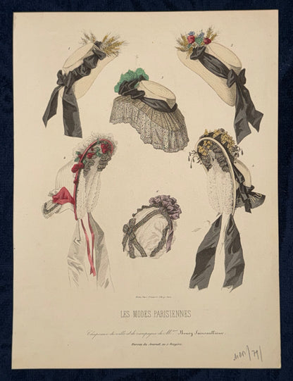 1870 Les Modes Parisiennes Modegrafik | Historische Hüte | Handkolorierte Pariser Damenhüte