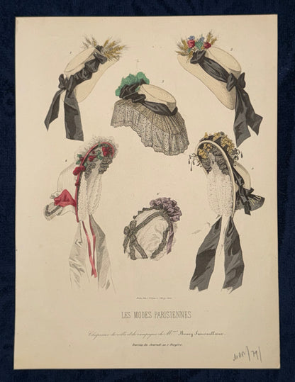 1870 Les Modes Parisiennes Modegrafik | Historische Hüte | Handkolorierte Pariser Damenhüte