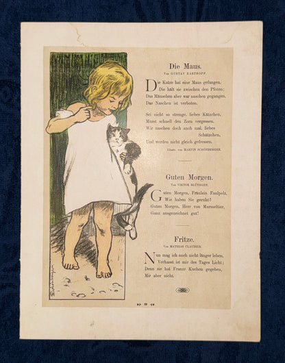 Original Kinder-Illustration mit Katze & Kind | Gedichtblatt um 1900