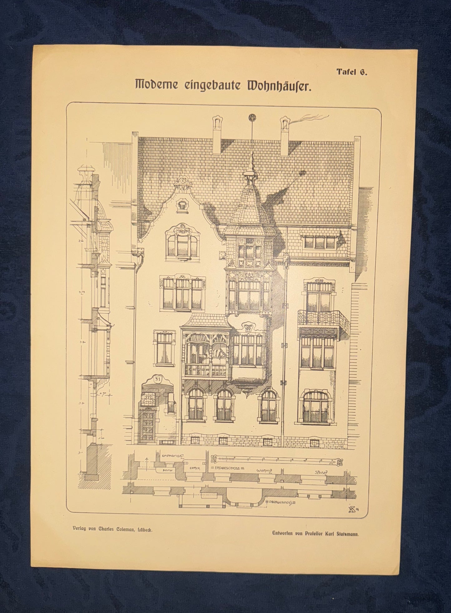 Historische Architektur Tafel 1900 Wohnhaus | Baukunst Grundriss Vintage Druck