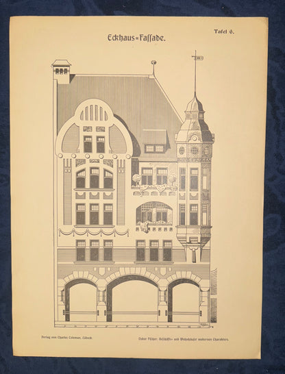 Großformat Architektur Tafel 1900 Jugendstil Eckhaus-Fassade | Original Baukunst Druck