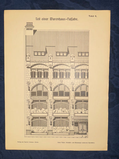 Jugendstil Warenhaus-Fassade Original Architektur Tafel 1900 | Baukunst Druck