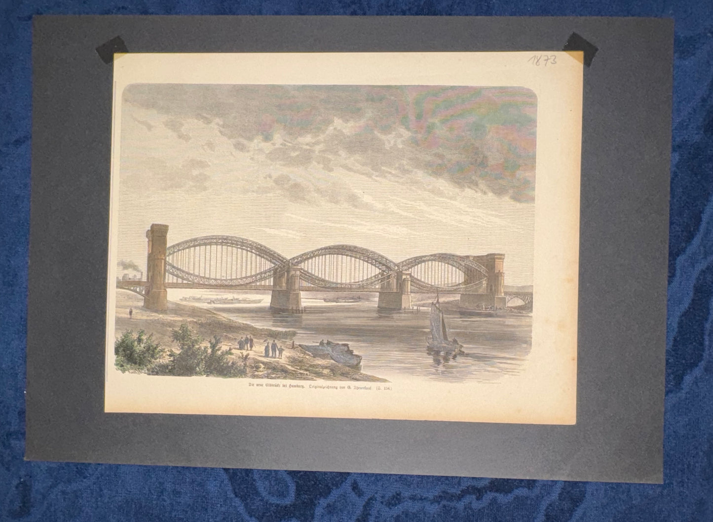 1873 Die neue Elbbrücke bei Hamburg | Historische Architektur Druck