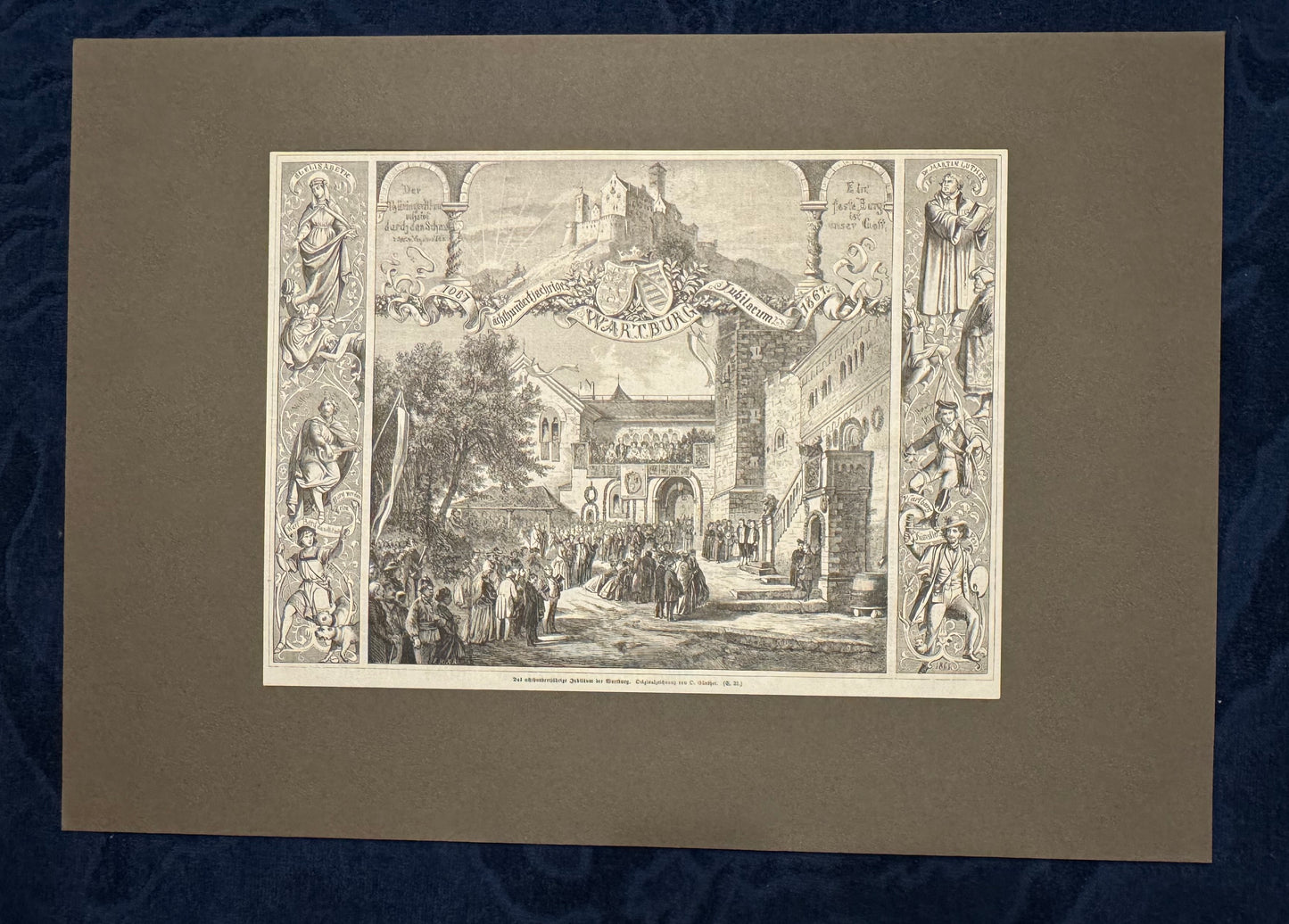 1867 Wartburg Original Holzstich Jubiläumsfeier | Druck Passepartout Burg Schloss