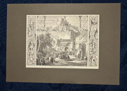1867 Wartburg Original Holzstich Jubiläumsfeier | Druck Passepartout Burg Schloss