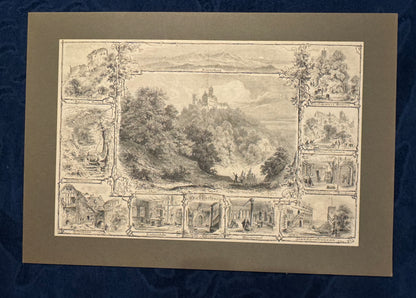 1870 Die Wartburg Original Holzstich | Druck im Passepartout | Schlossansicht