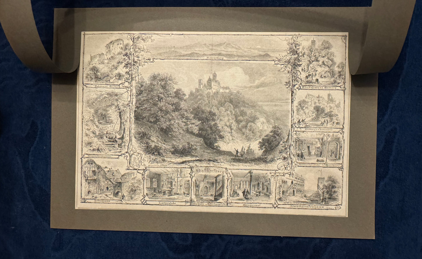 1870 Die Wartburg Original Holzstich | Druck im Passepartout | Schlossansicht