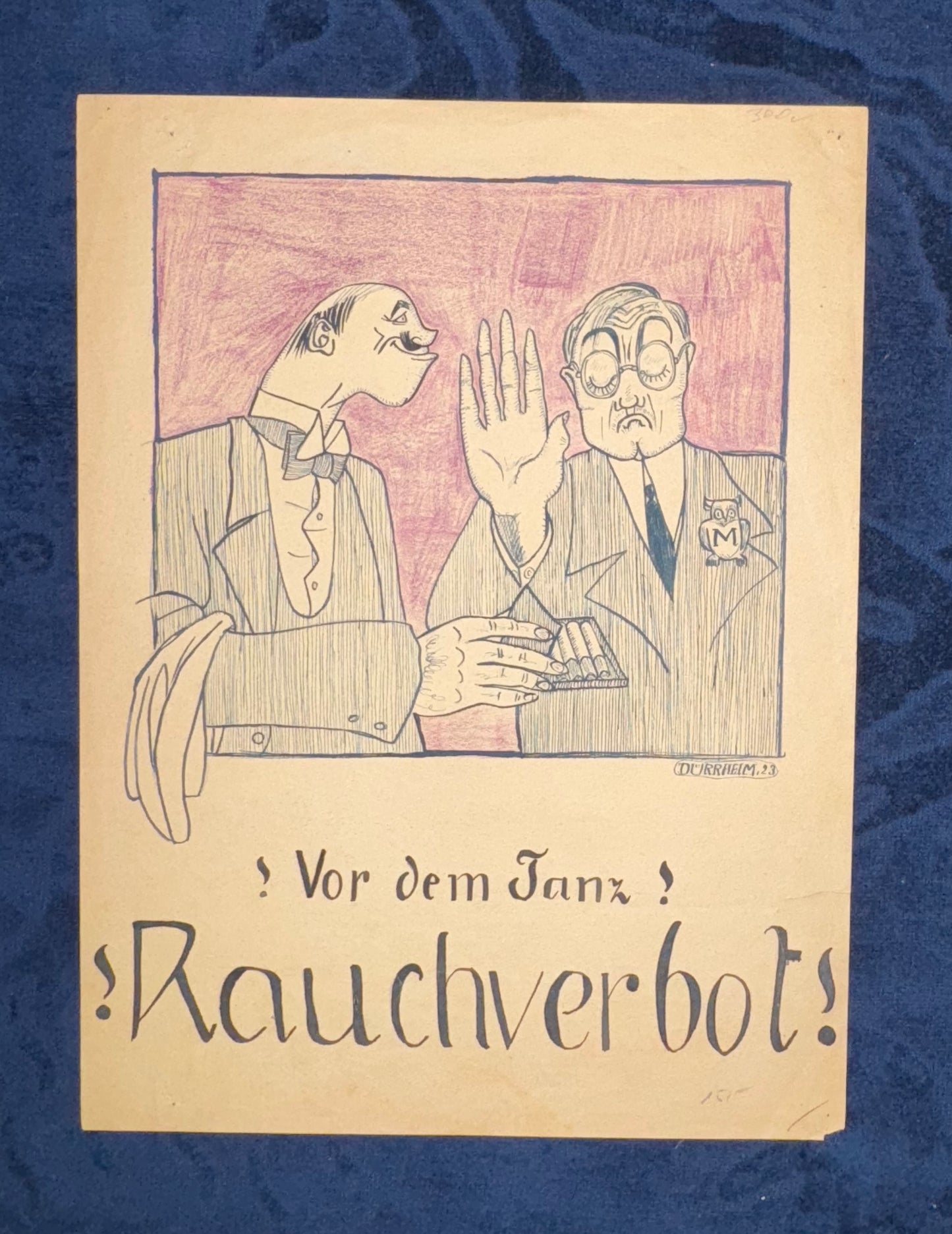 1923 Unikat Original Karikatur Rauchverbot vor dem Tanz | Handgezeichnete Satire Vintage