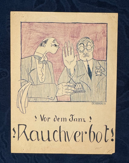 1923 Unikat Original Karikatur Rauchverbot vor dem Tanz | Handgezeichnete Satire Vintage
