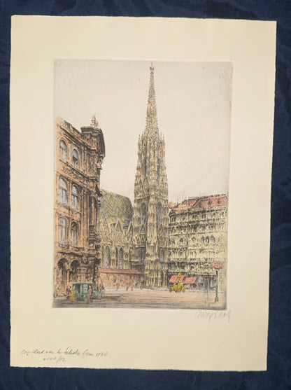 Original Radierung 1925 Wien Stephansdom Signiert koloriert Willy Scholz