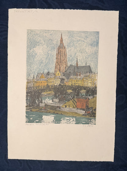 Original Frankfurt am Main Dom Radierung N. L. Figura 1900 | kolorierte Stadtansicht | Mainufer