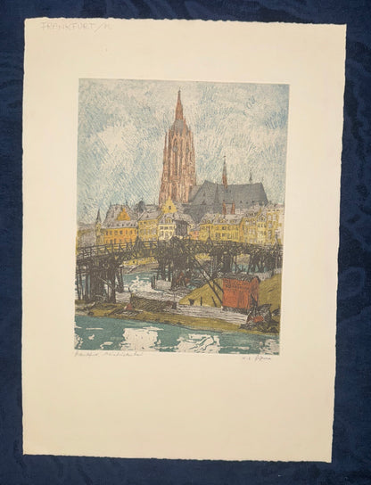 Original Frankfurt am Main Dom Radierung N. L. Figura 1900 | kolorierte Stadtansicht | Mainufer