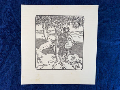 Jugendstildruck Hirte mit Ziege und Flöte um 1900 | Original Grafik Illustration Pan