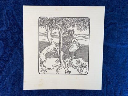 Jugendstildruck Hirte mit Ziege und Flöte um 1900 | Original Grafik Illustration Pan