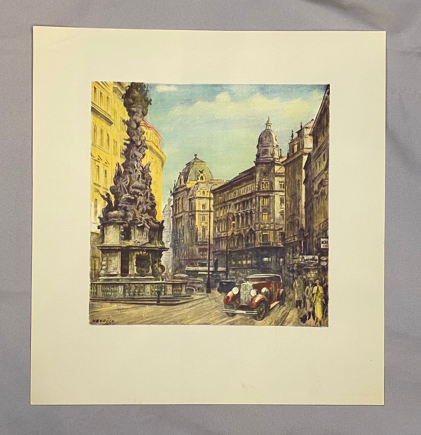 Wien Graben mit Oldtimer & Pestsäule 1930 Original Farblithografie | Maximilian Neuböck Stadtansicht