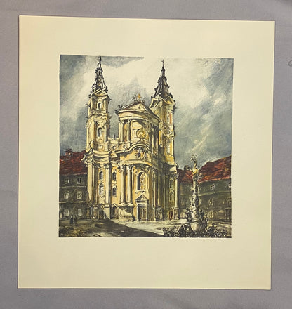 Original Farblithografie Wien Piaristenplatz mit Kirche 1930 | Lily Réthi Barockkirche Piaristenkirche