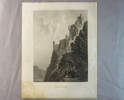 Burgruine Stahleck 1856 Original Stahlstich | Rheinlandschaft Burgen Ruinen Ritter