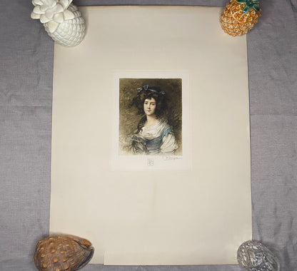W. Unger Original Jugendstil Radierung 1900 | Damenporträt handkoloriert & signiert