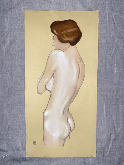 1951 Original Aktzeichnung | Weiblicher Rückenakt | Vintage Aktmalerei | Erotik Kunst