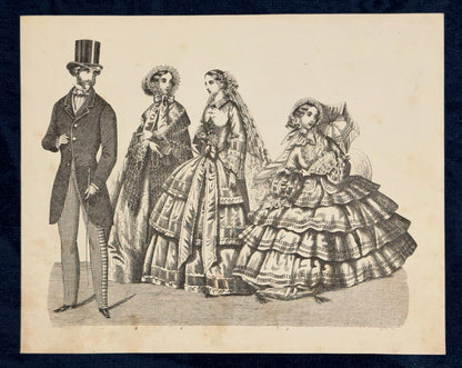 1855 Antike Modegrafik schwarz-weiß Vintage