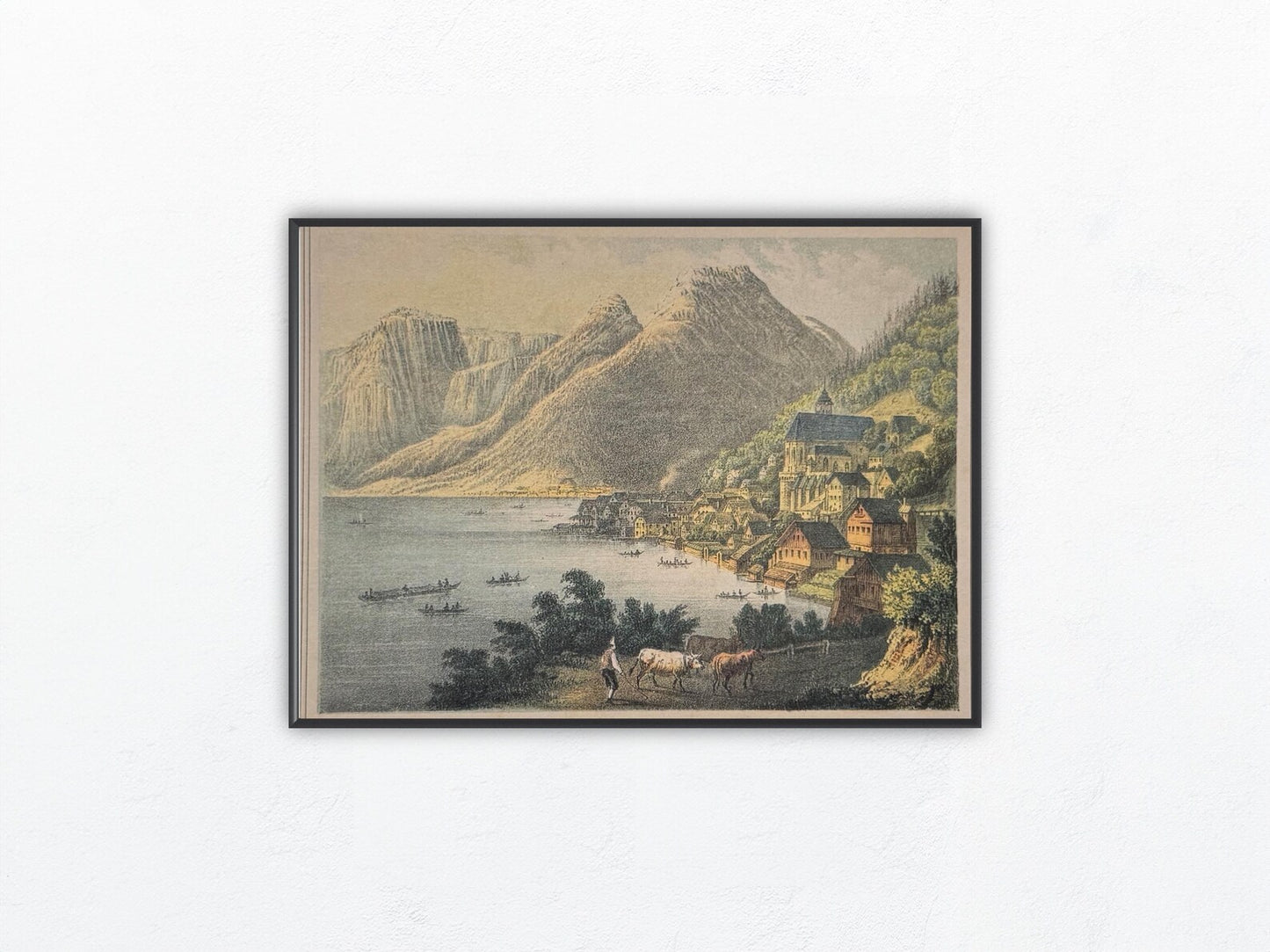 Original Ansicht Hallstadt Panorama 1850 | Kolorierte Lithografie