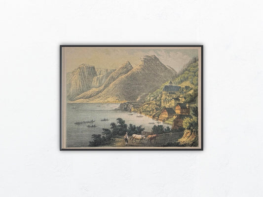 Original Ansicht Hallstadt Panorama 1850 | Kolorierte Lithografie