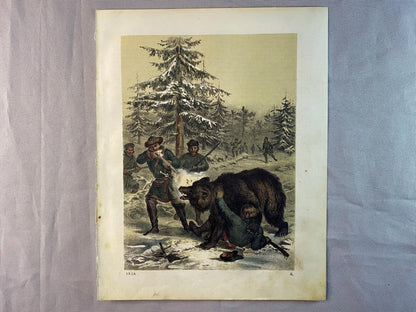 Bärenjagd Winterwald 1858 Original | Historische Jagdszene | Antiker Wildtier Druck Jagen