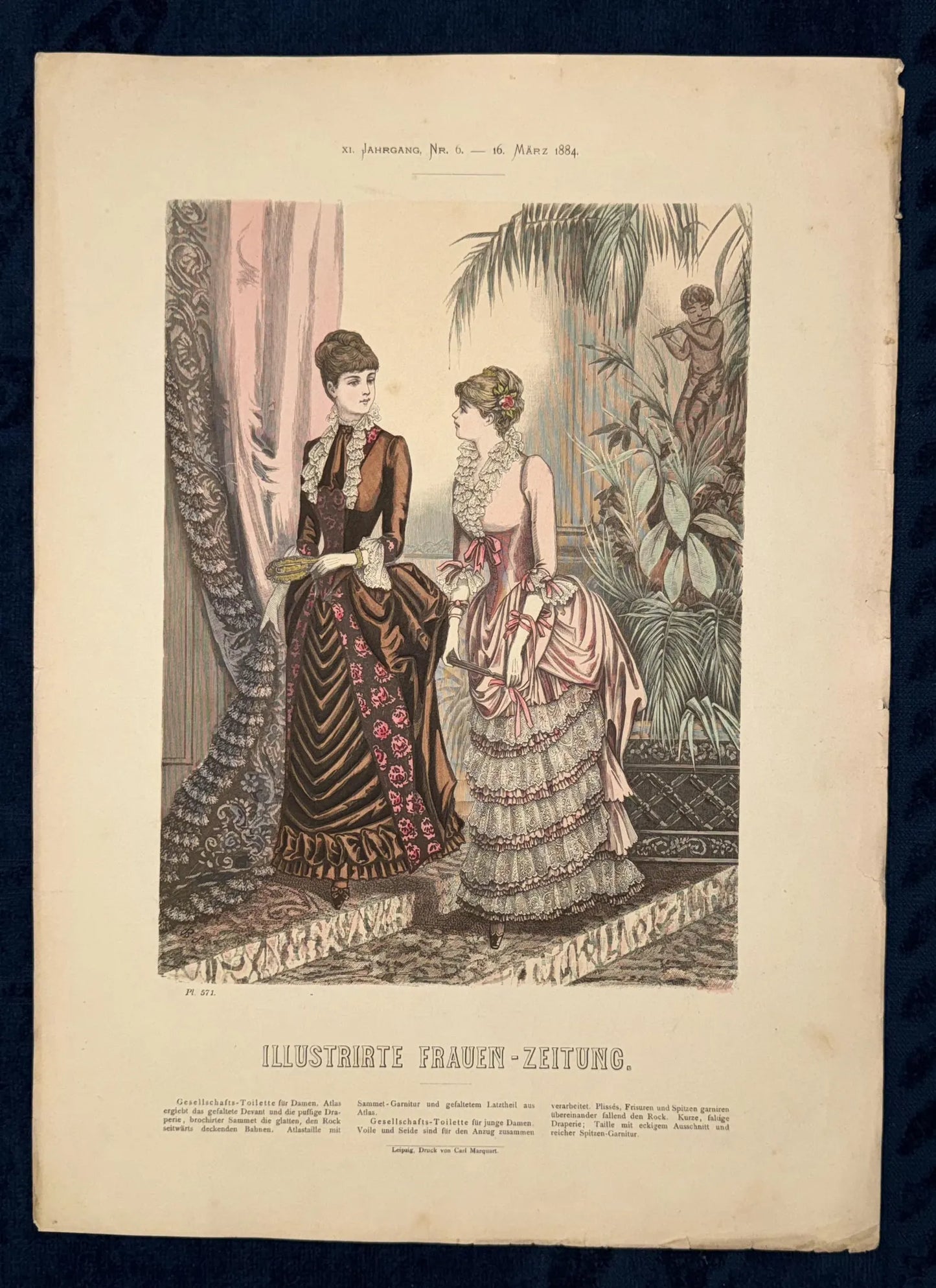 Original Mode Lithografie 1884 Balltoilette Ballkleid