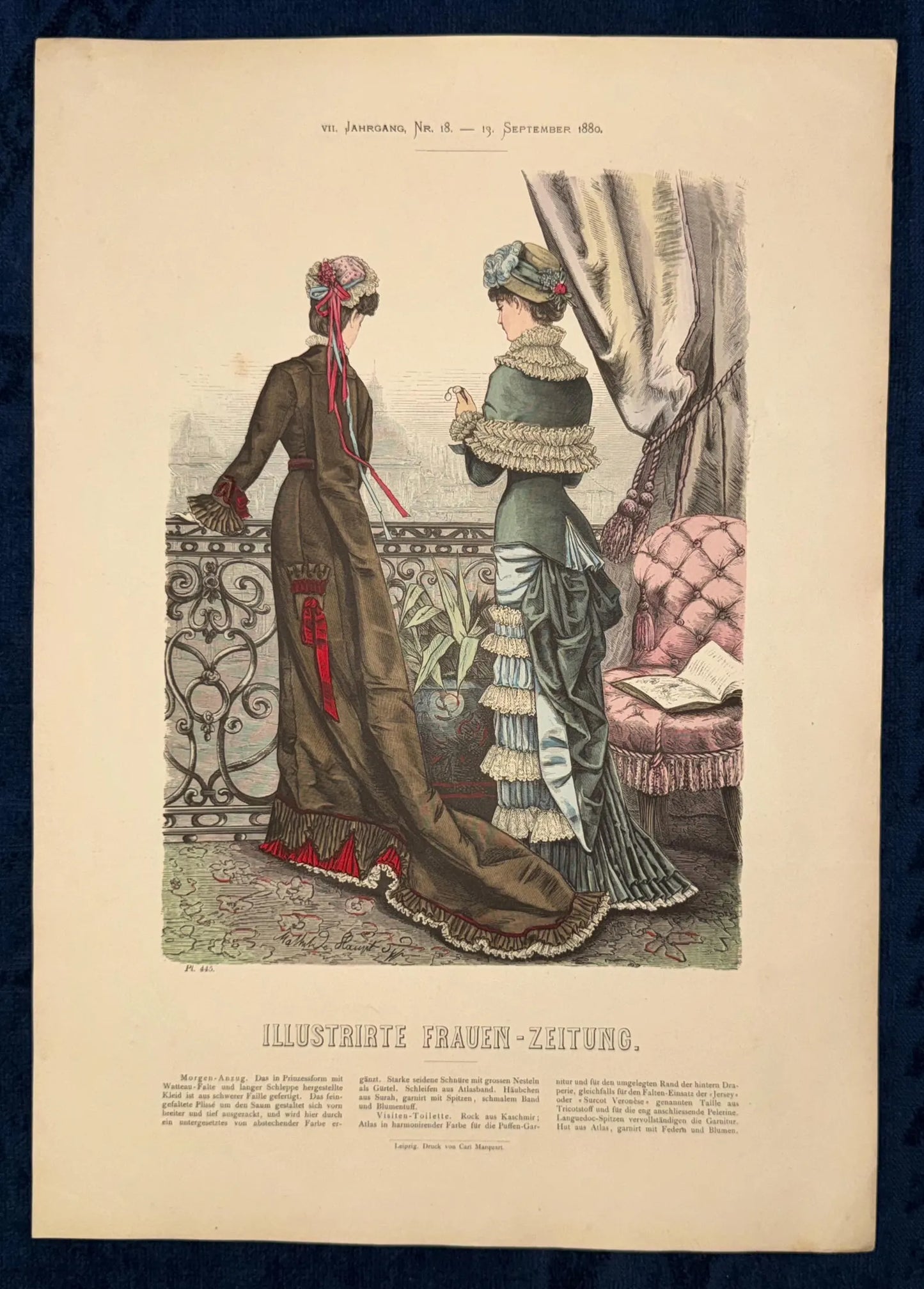 Original Mode Kleider Lithografie 1880 Balkon Szene