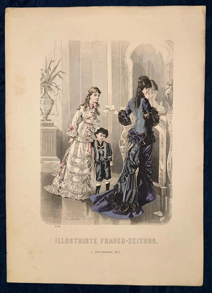 Original Mode Lithografie 1877 mit Damen- & Kindermode