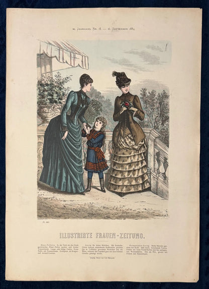 Mode-Tafel 1884 Original mit Mutter Kind Spazierkleid | Kindermode Illustration
