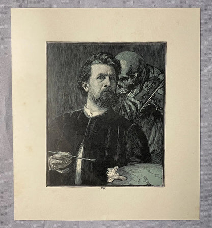 Grafik Künstlerporträt mit Tod 1890 | Symbolismus Skelett & Maler mit Palette Teufel Dämon