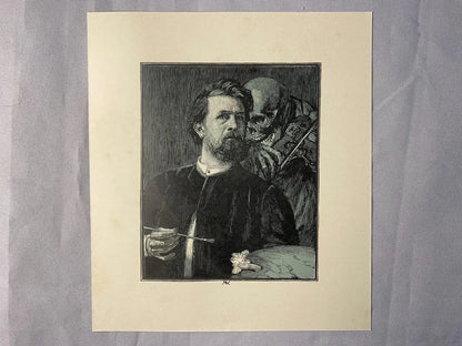 Grafik Künstlerporträt mit Tod 1890 | Symbolismus Skelett & Maler mit Palette Teufel Dämon