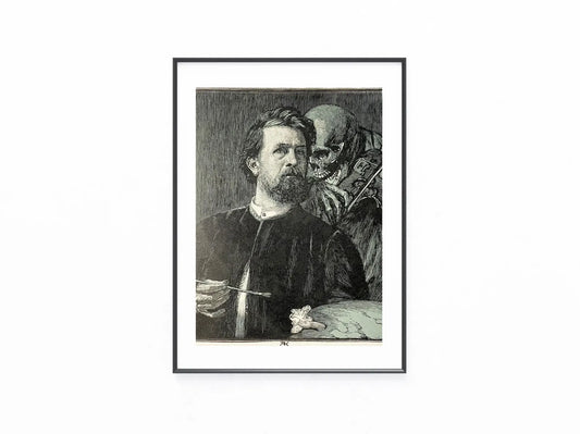 Grafik Künstlerporträt mit Tod 1890 | Symbolismus Skelett & Maler mit Palette Teufel Dämon