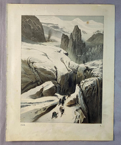 1856 Alpen Gletscherlandschaft Farblithografie | Historische Bergsteiger-Szene | Expedition